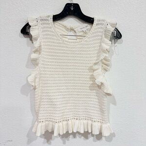 MABLE Chunky Knit Ruffle White Top Coastal Cottagecore Beachy Women’s Size Small